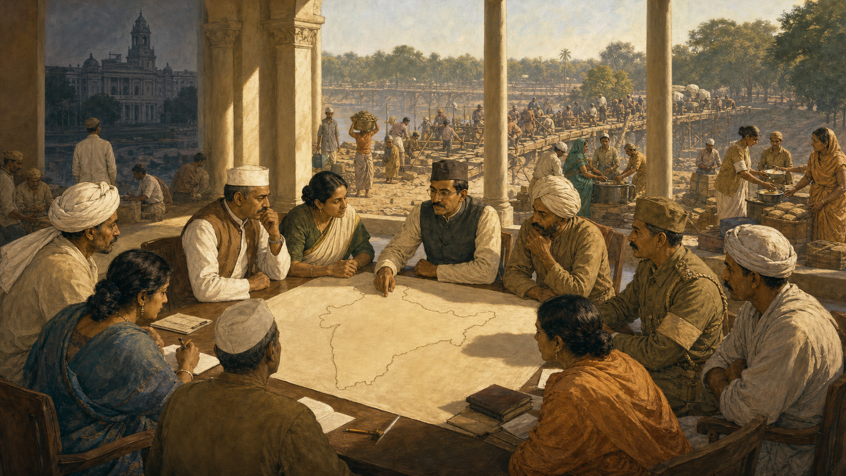 Indian legislators, civic workers and former soldiers discuss an unmarked map while civilians organize relief supplies outside.
