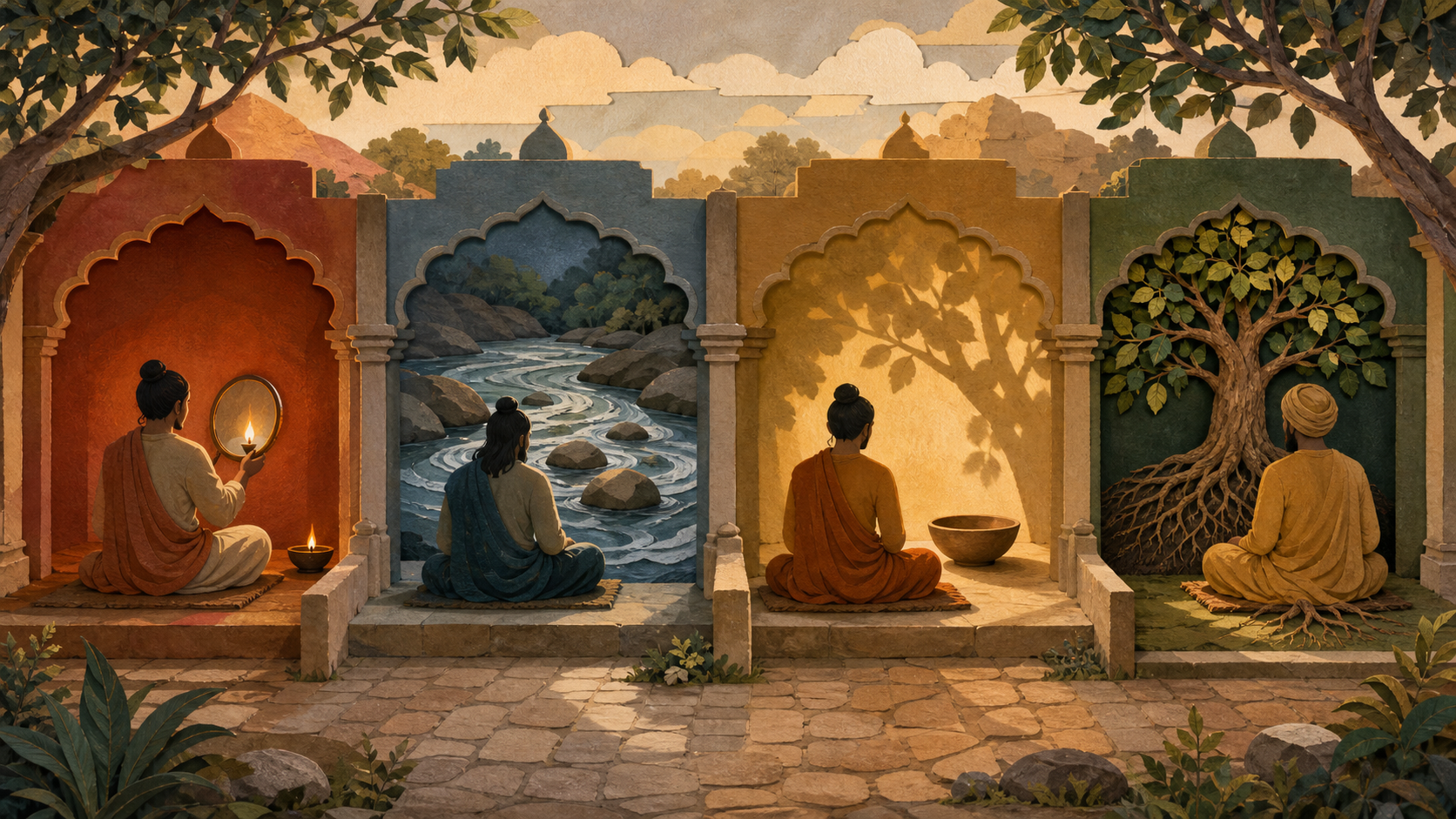 Four contemplative figures occupy separate courtyard alcoves with a mirror and flame, a flowing river, an empty bowl, and a branching tree.