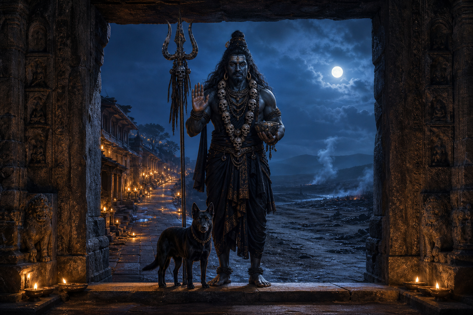 Kapala Bhairava and a black dog guard a stone gateway between a lamplit settlement and a moonlit cremation-ground landscape.