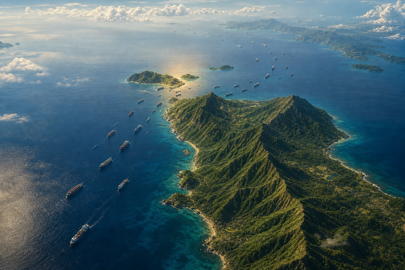 Relief-style view of northern Sumatra and Sabang showing merchant ships entering the Strait of Malacca from the Andaman Sea.