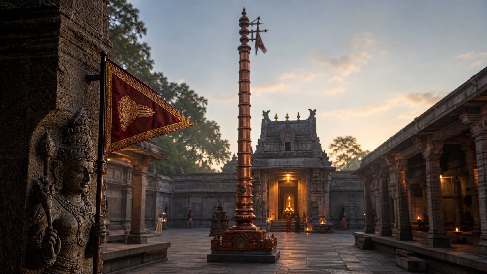 A copper-sheathed temple flagstaff aligned with a glowing sanctum, with a small carved pennon beside a deity on a foreground pillar.