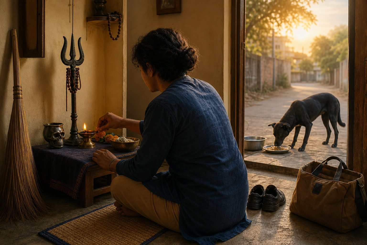 A worshipper tends a simple dawn shrine with a trident, ritual skull cup and oil lamp while food and water are set out for a black dog at the doorway.