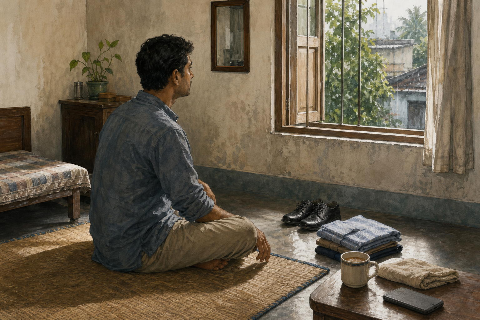 A person sits on a woven mat in a morning-lit room near a facedown phone, work shoes, a cup, folded clothes, and a small mirror.