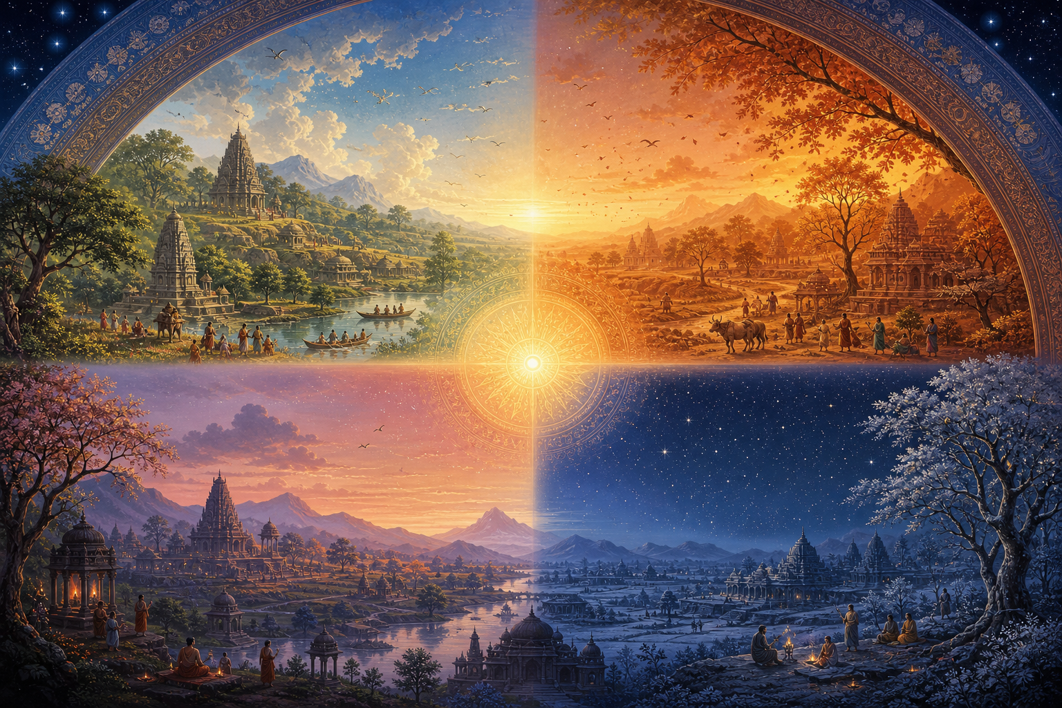 A luminous four-part cosmic wheel hangs above mountains, temples, and a starry Indian landscape, with bands of dawn and twilight between its sectors.