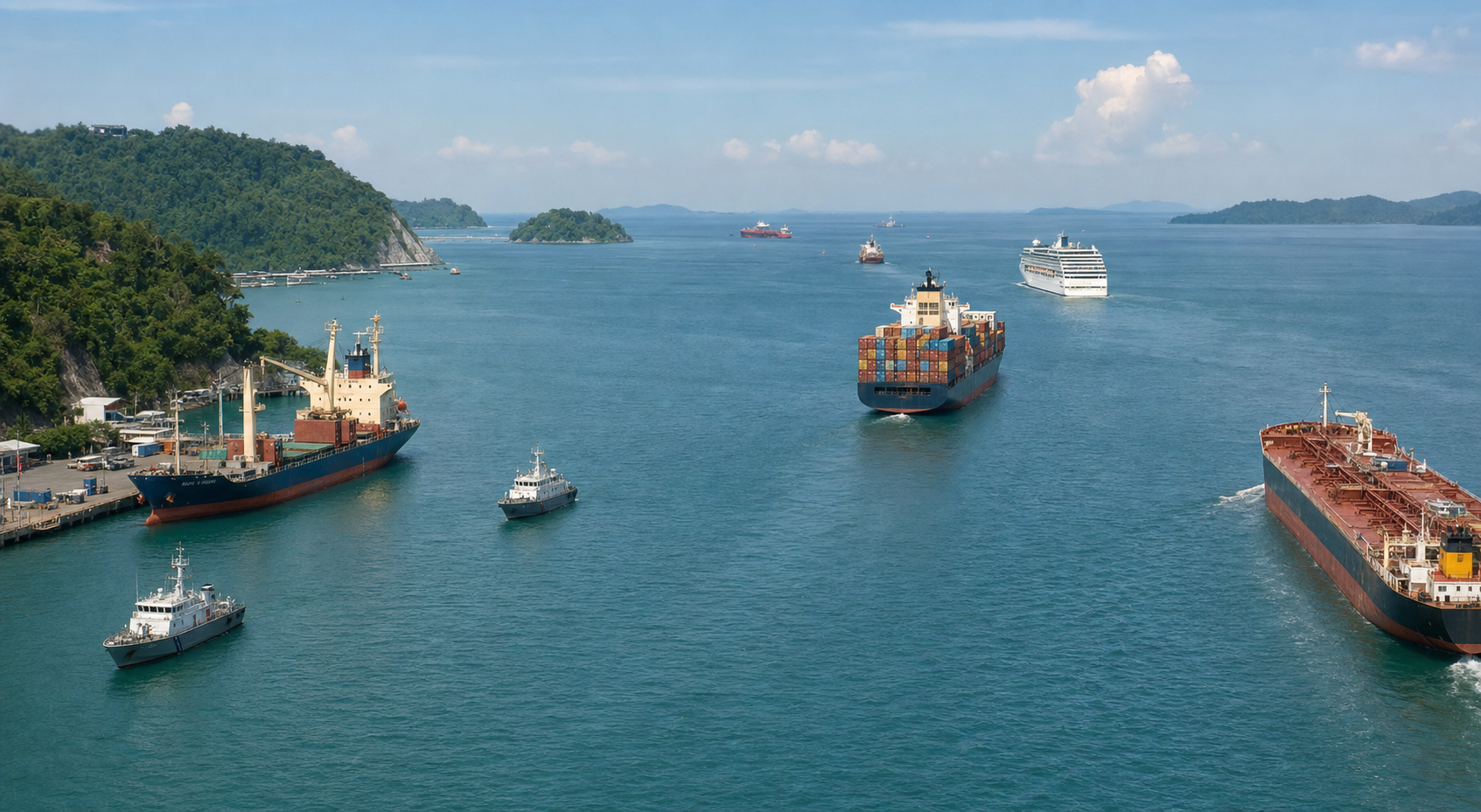 Commercial ships move freely through an open sea lane while support and patrol vessels operate beside Sabang's harbor.