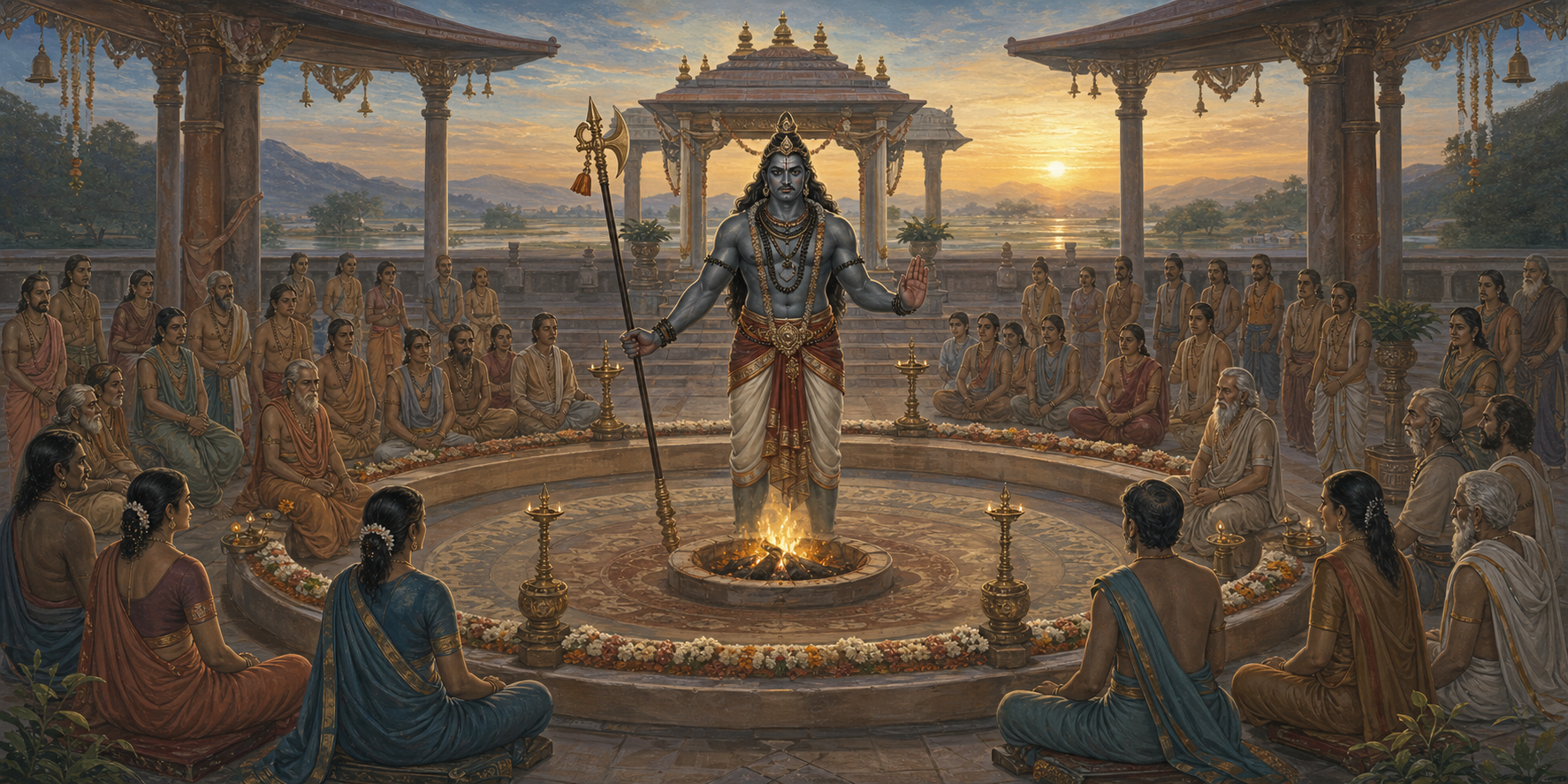 Virabhadra stands with lowered weapons and an open hand beside a restored sacred assembly arranged in an inclusive circle.