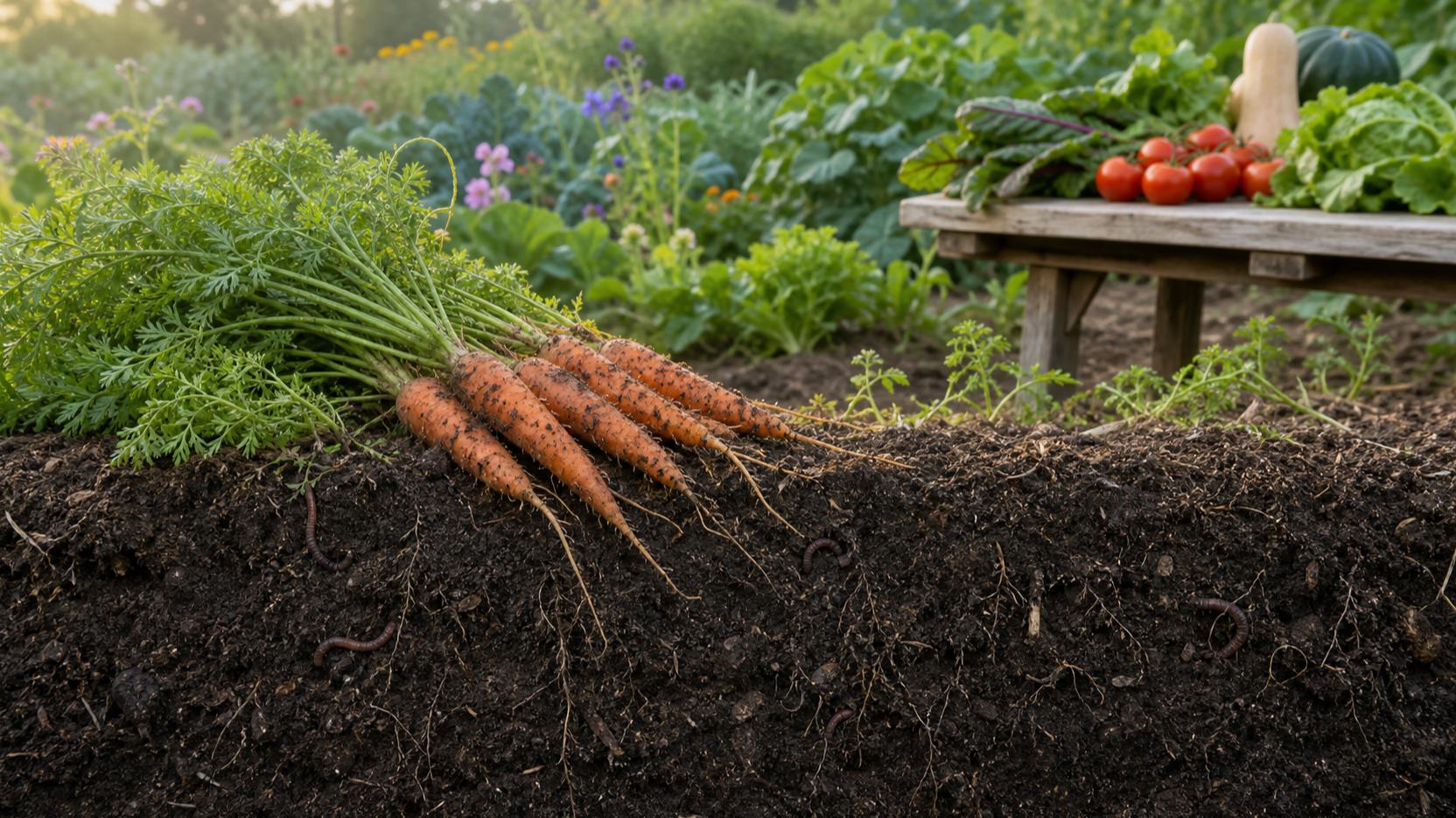 Fresh carrots lie above dark, crumbly soil with visible roots and an earthworm, with a diverse vegetable field and harvested produce in the background.
