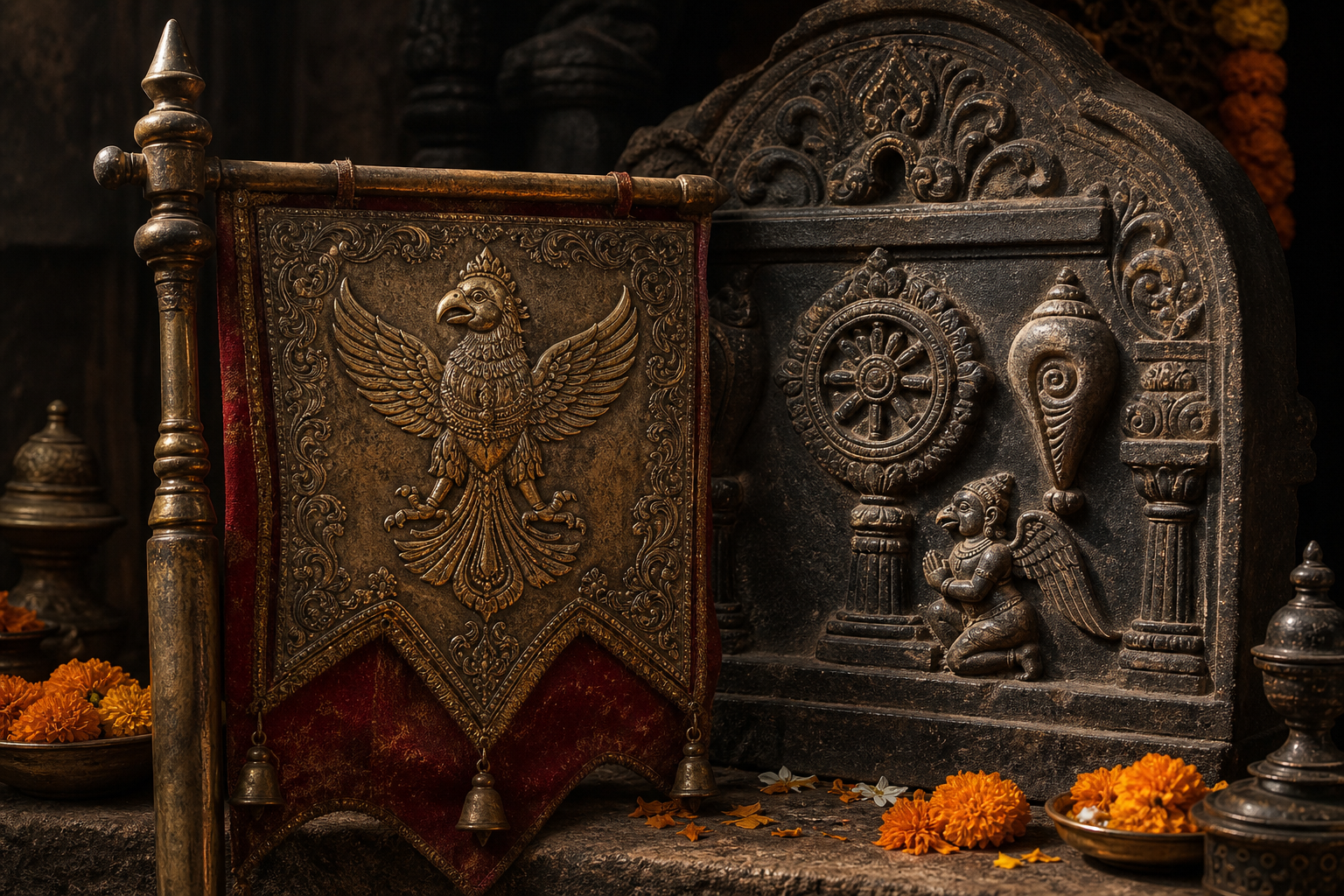 Ceremonial standard with a bird emblem displayed near carvings of a conch, discus, and kneeling bird-like attendant.