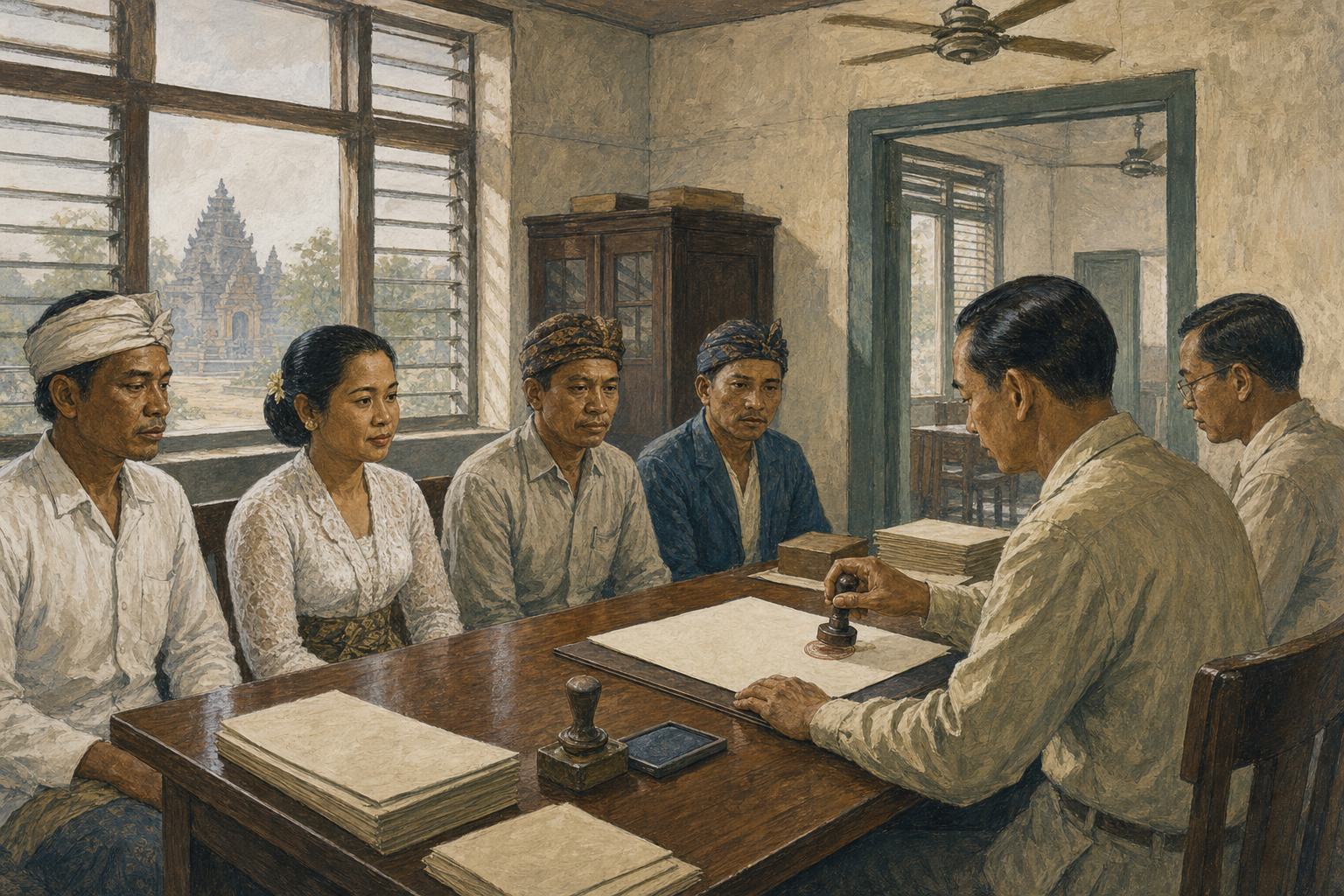 Editorial illustration of Indonesian Hindu representatives meeting civil officials in an early-1960s government office.