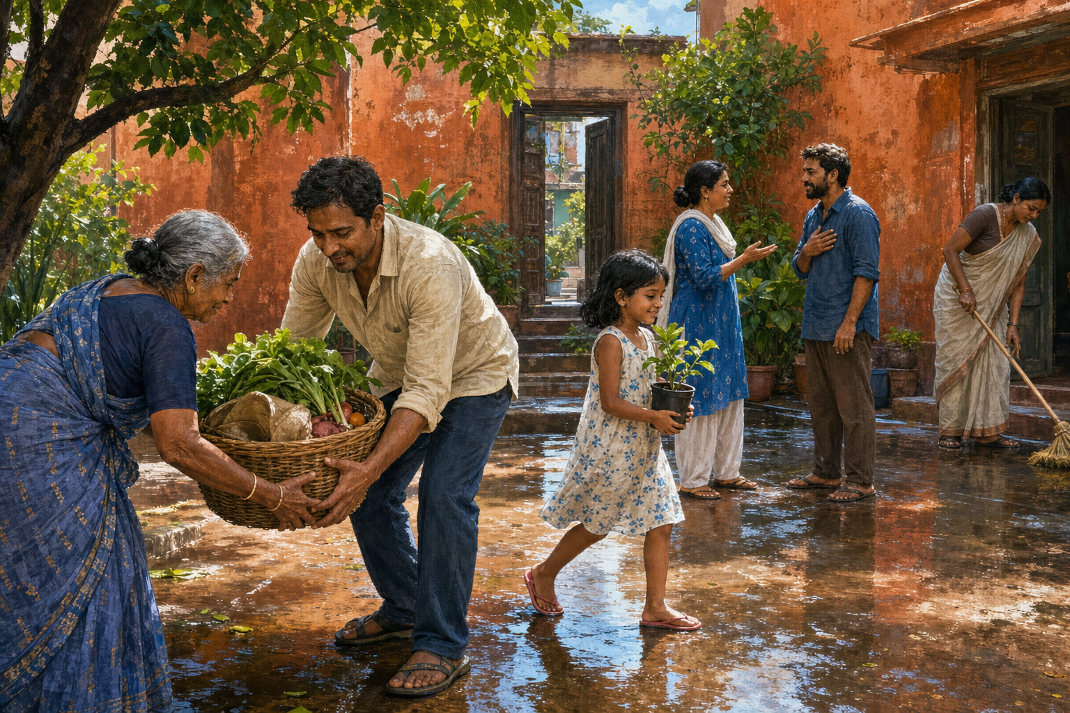 A person helps an older neighbor with a basket in a rain-washed courtyard while other residents cooperate nearby.