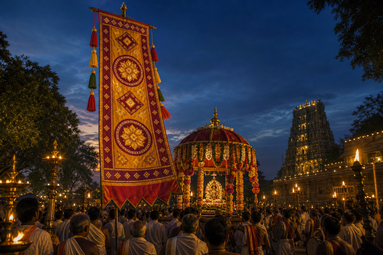 An upright sacred banner leads a lamplit temple procession with musicians, worshippers, and a flower-decorated processional platform.
