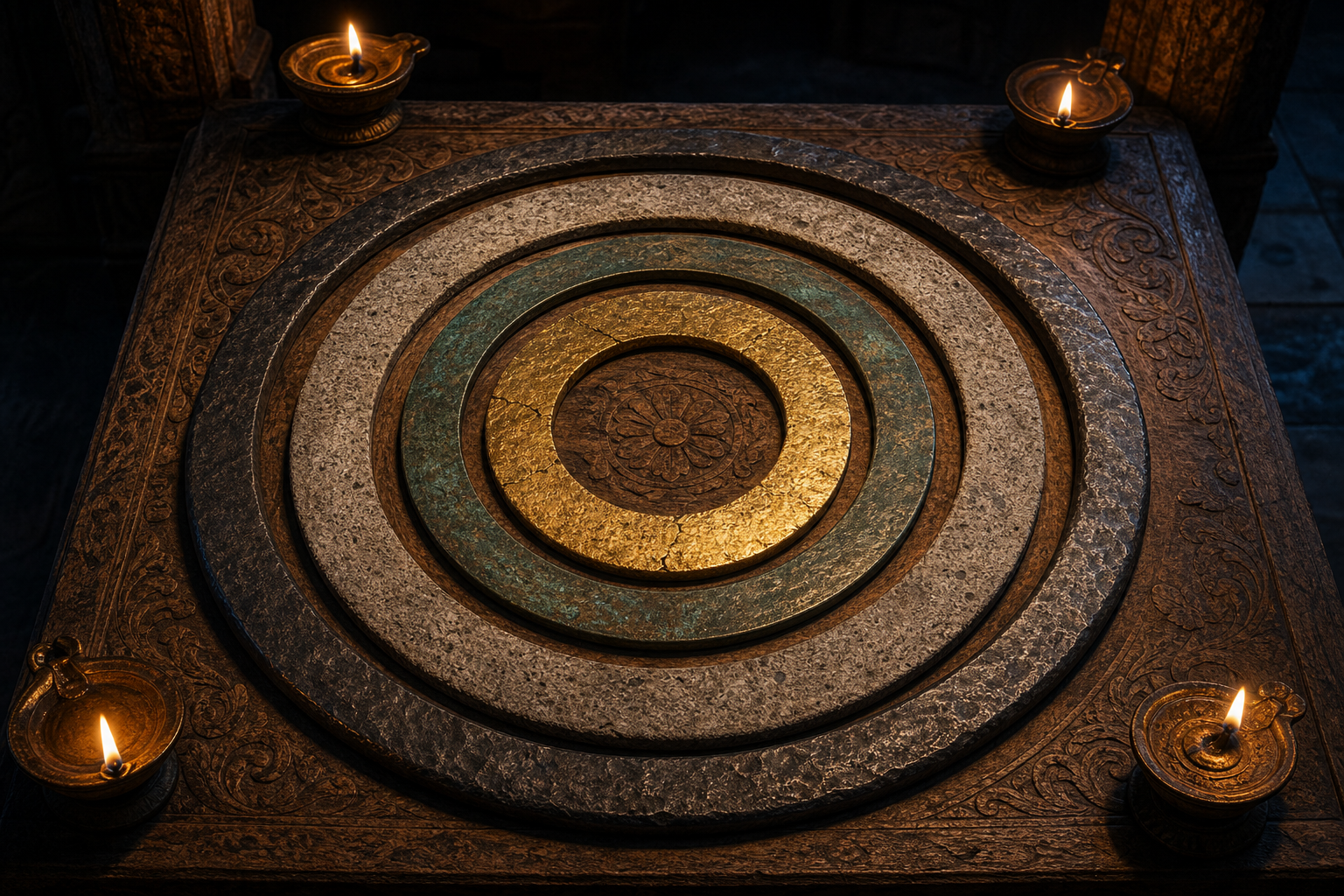 Four differently sized circular rings made of stone and metal sit inside one complete outer circle on a lamp-lit wooden table.