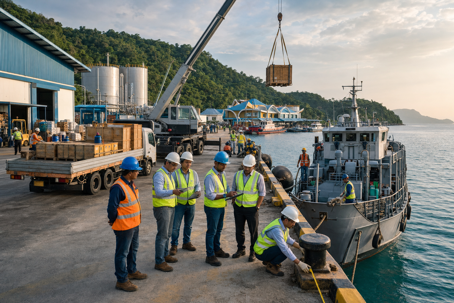 Indian and Indonesian port personnel inspect a quay as cargo and supplies are transferred beside warehouses and repair facilities.