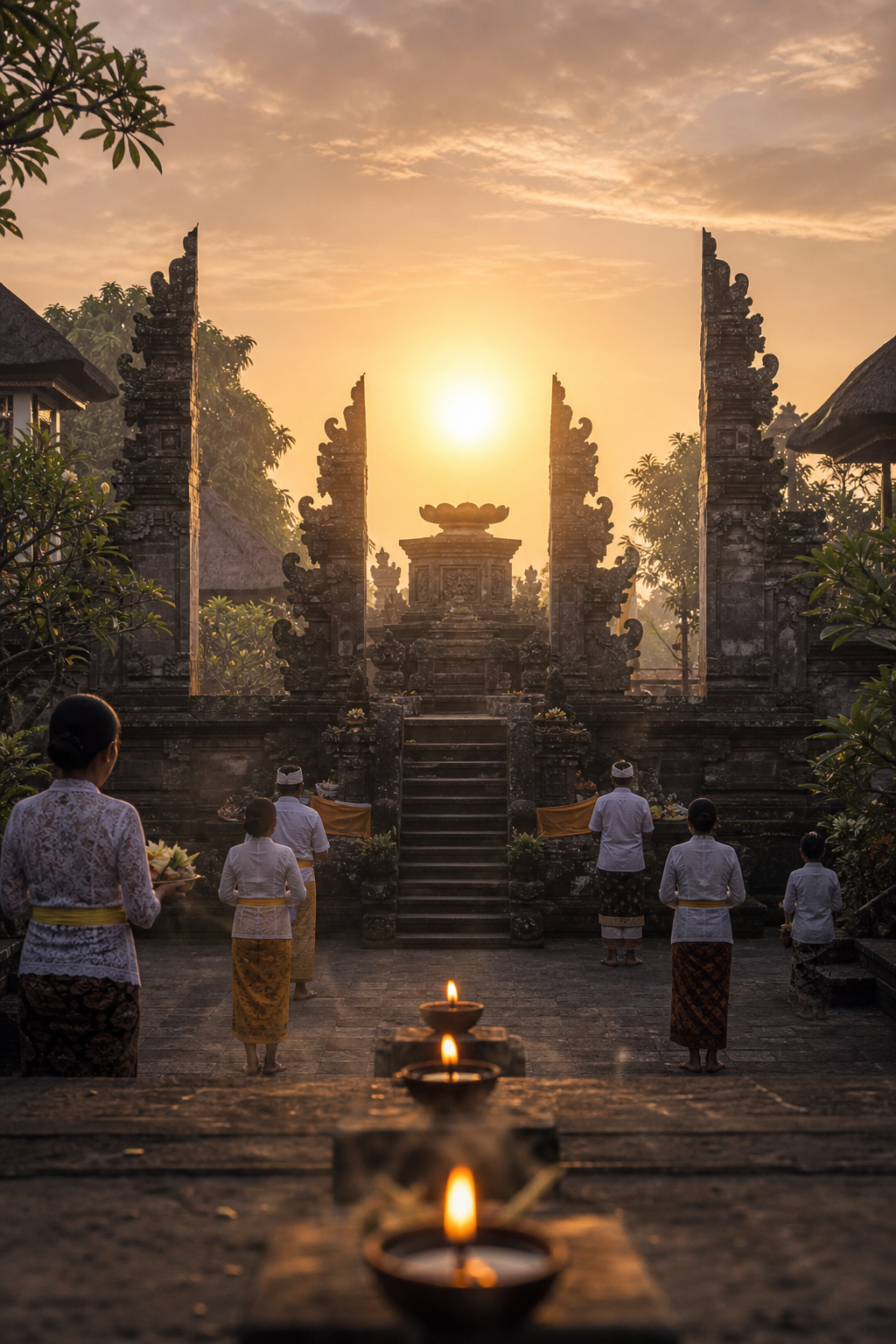 A Balinese Padmasana shrine with an empty lotus throne, worshippers, offerings, and a single rising sun.