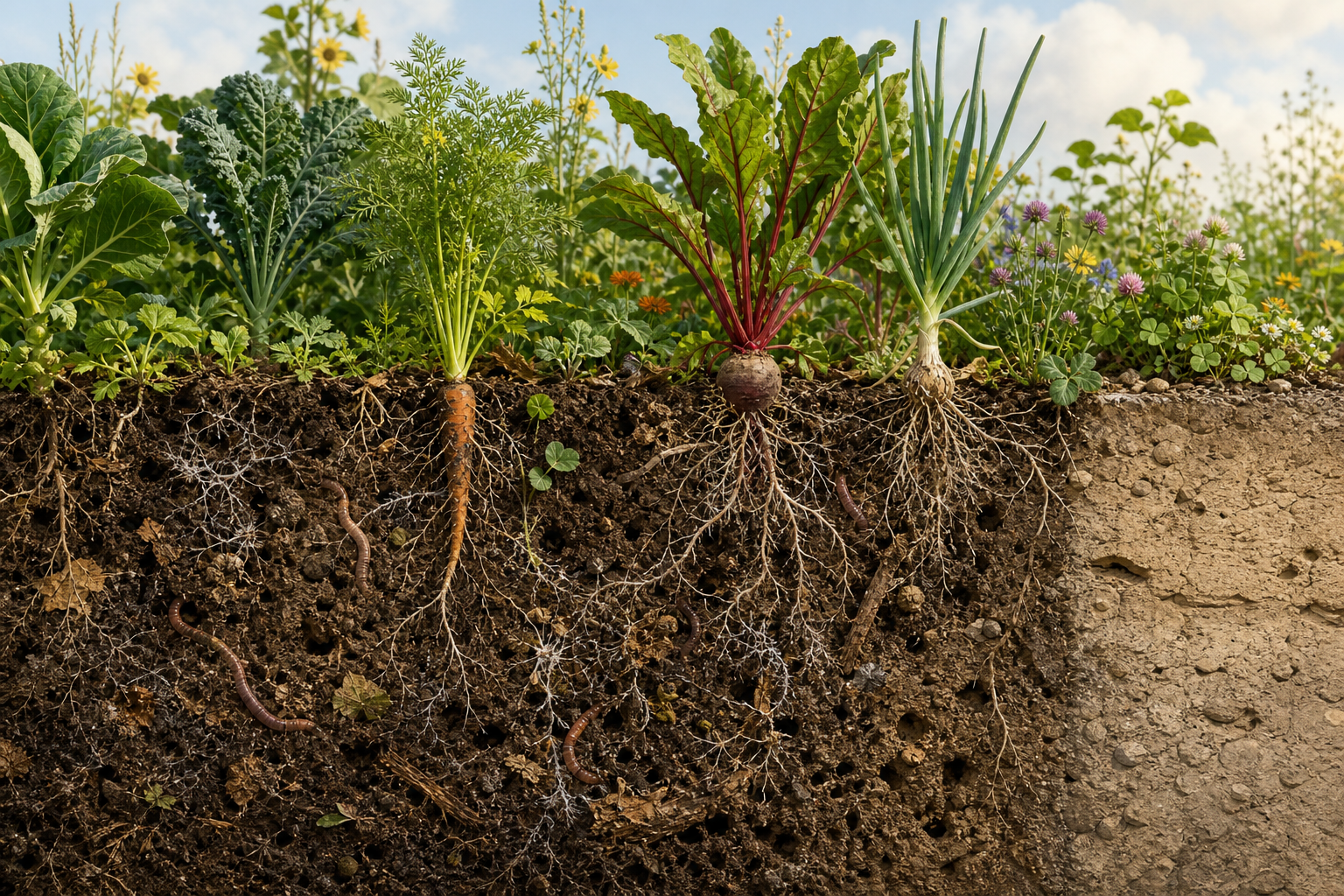 Cutaway illustration of a diverse field with deep crop roots, porous soil, fungal threads, earthworm channels and decomposing plant matter beside a compacted area with fewer roots.