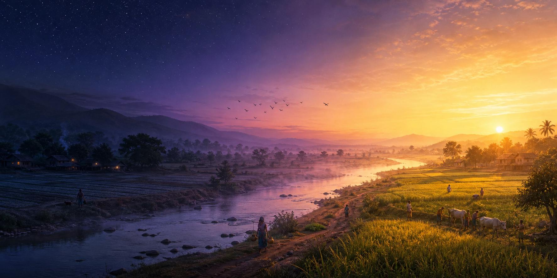 A continuous river valley changes gradually from starry night through a long twilight into golden morning, with no sharp dividing line.