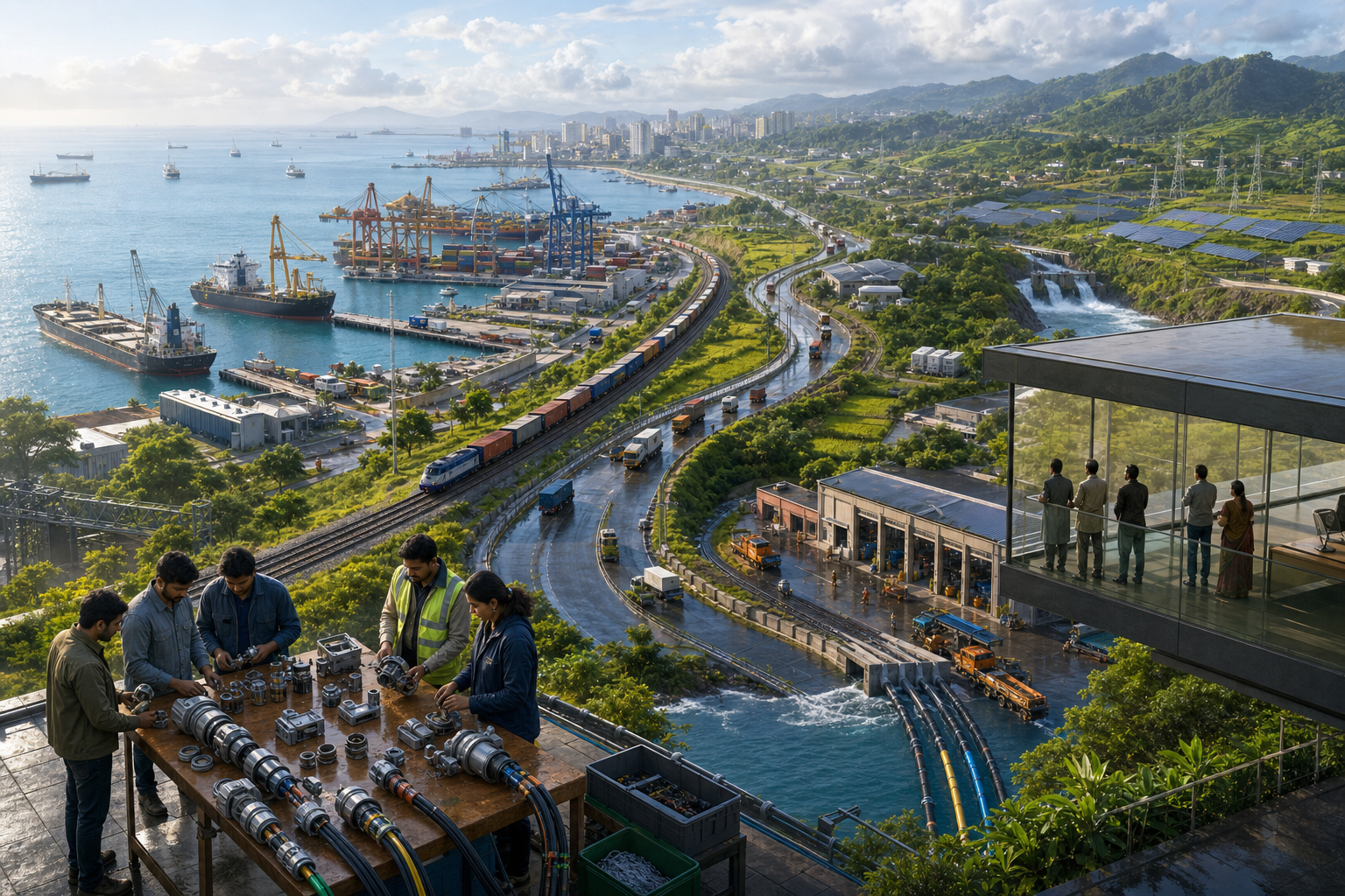 Engineers inspect infrastructure components in a port region served by multiple transport, energy and communications routes.
