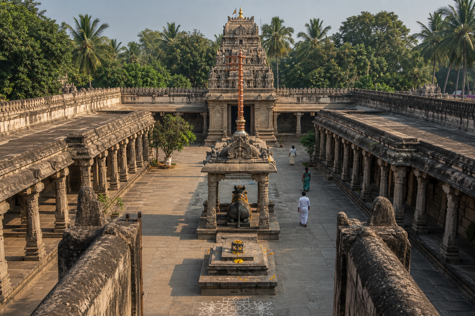 Elevated view of a temple approach with an offering platform, vahana shrine, and copper-clad flagstaff aligned toward the sanctum.
