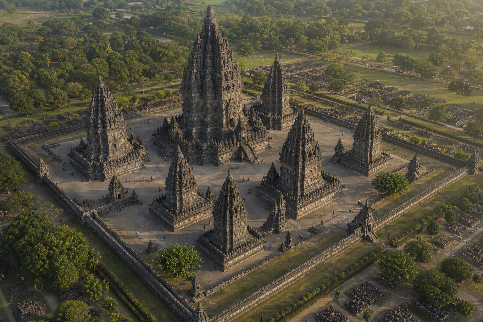 Oblique aerial view of Prambanan's central temple compound, surrounding shrines, relief galleries, and processional paths.