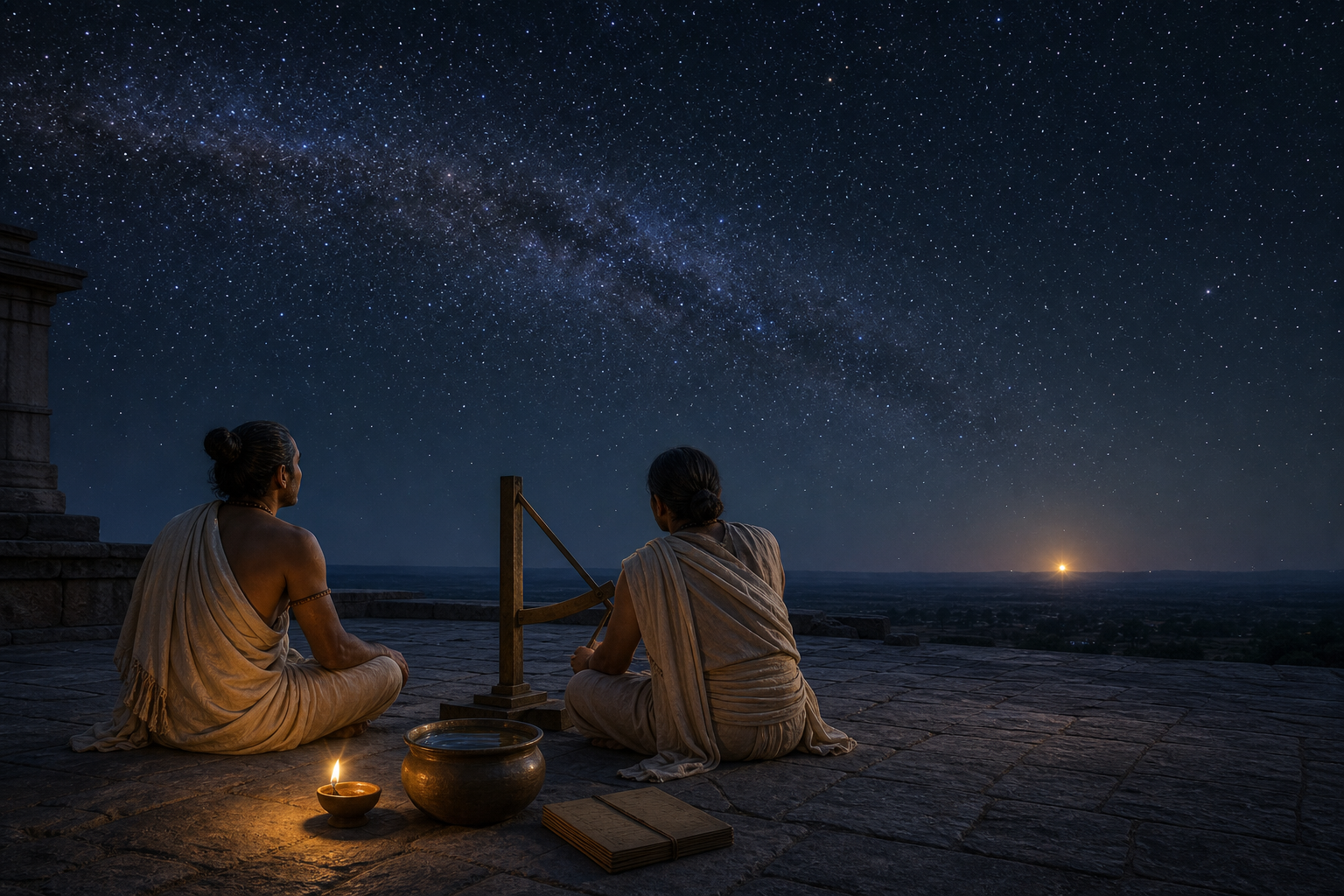 Two ancient Indian observers study the night sky beside a water vessel, a simple astronomical instrument, and a closed palm-leaf manuscript.