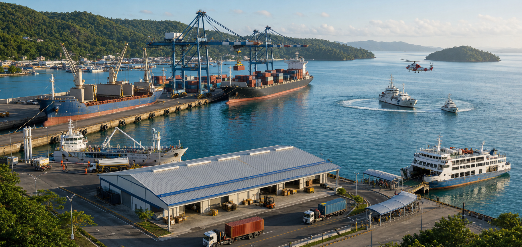 Panoramic Sabang harbor scene showing quay construction, cargo handling, ship servicing, a rescue exercise, and active landside logistics.