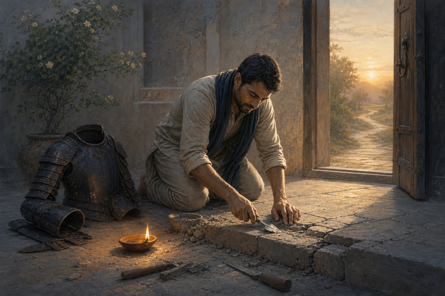 An adult repairs a cracked stone threshold at dawn beside a clay lamp and a rigid shell set on the ground.
