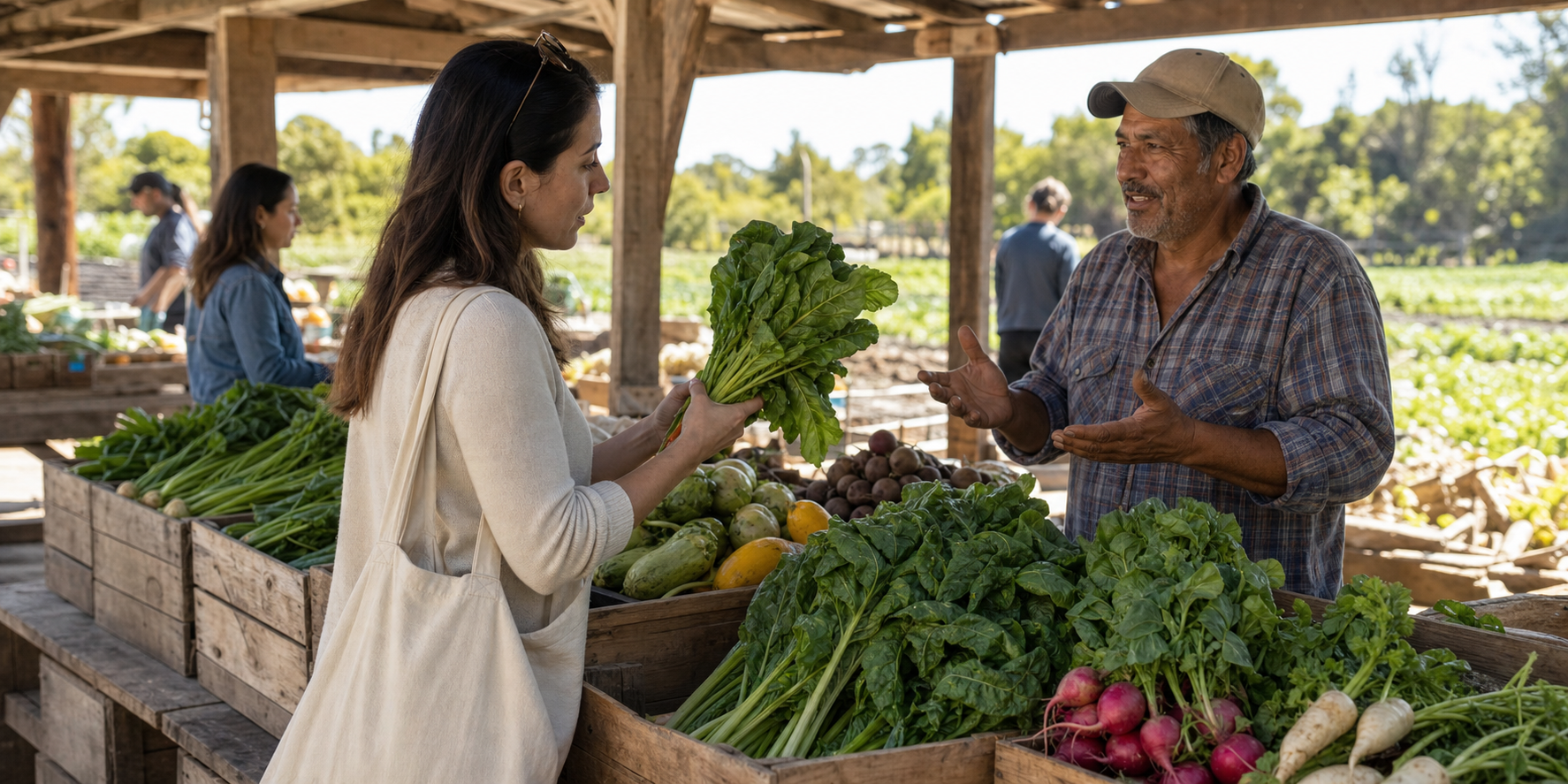 A shopper examines leafy greens while talking with a farmer at a market stall filled with varied seasonal vegetables.
