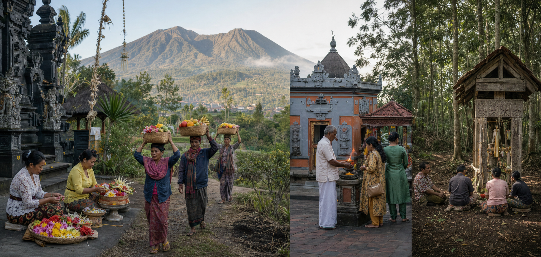 Panoramic editorial scene of Hindu communities in Bali, Java, an Indonesian city, and Kalimantan practising distinct local traditions.