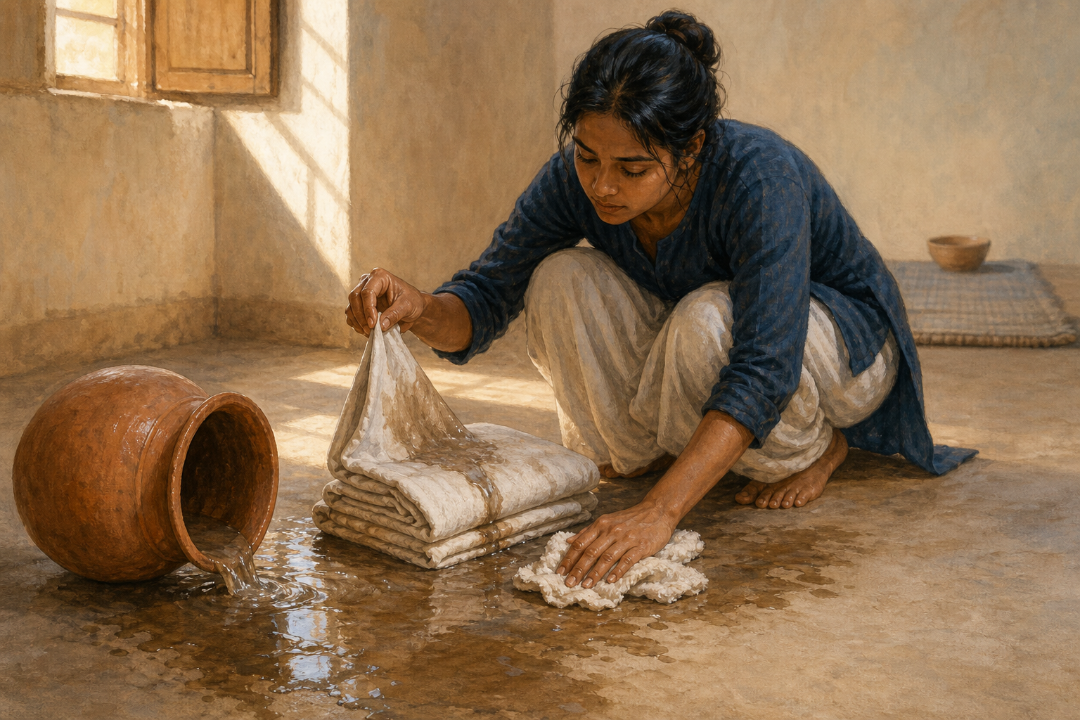 A person cleans spilled water from a floor and lifts a stained folded cloth while a plain mat and bowl sit in the background.