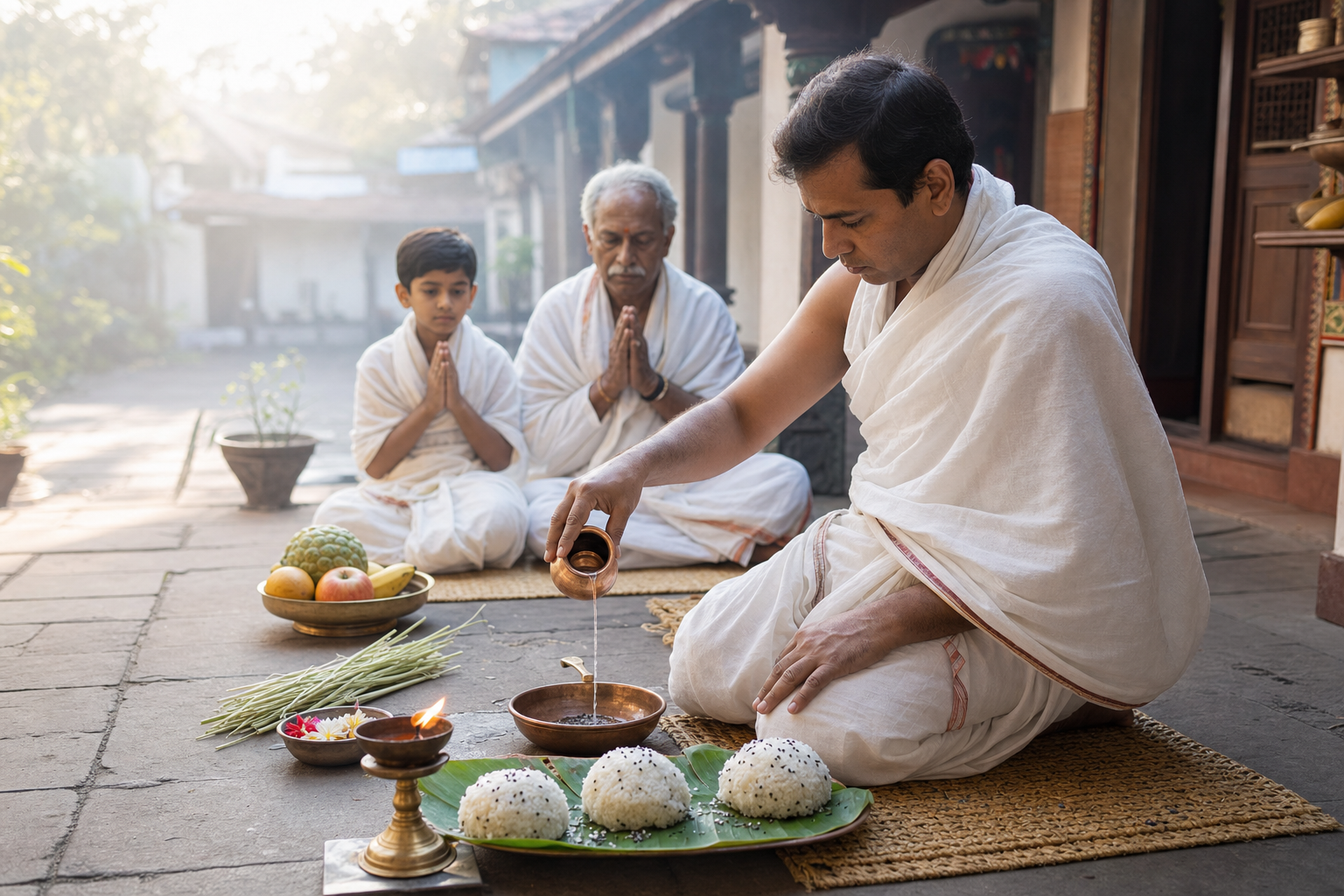A householder pours sesame water beside rice offerings and an oil lamp while family members sit in prayer during an ancestral rite.