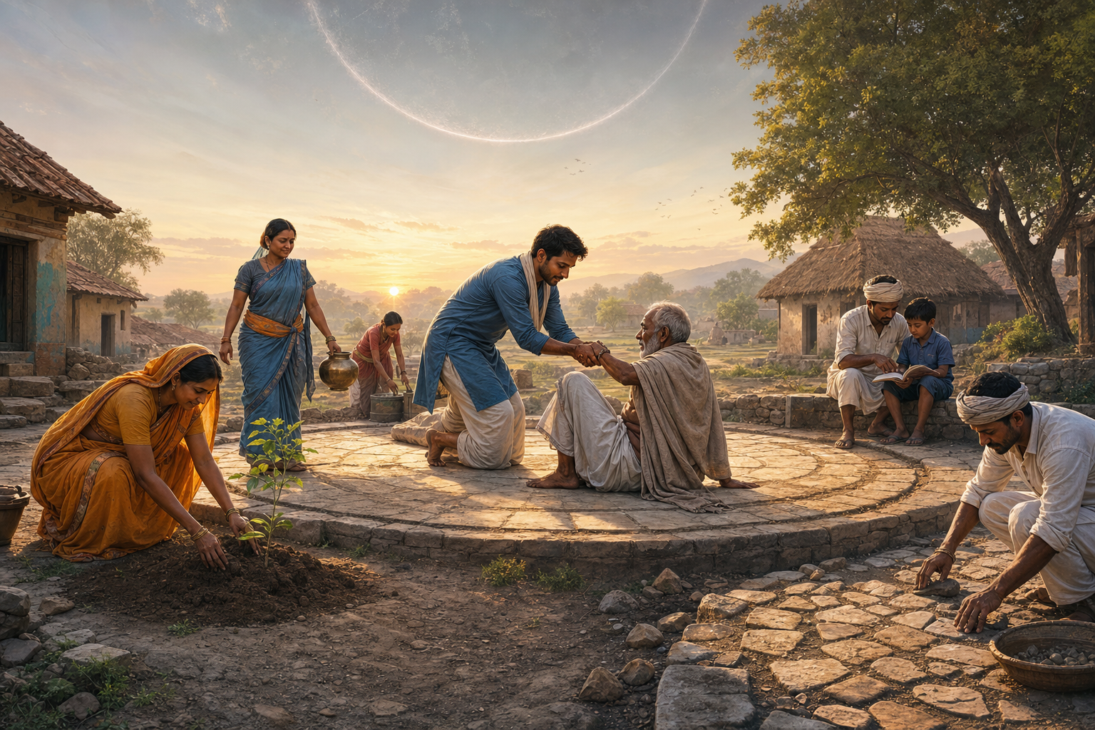 Villagers help an elder, plant a sapling, carry water, teach a child, and repair a path beneath a faint cosmic circle in the dawn sky.