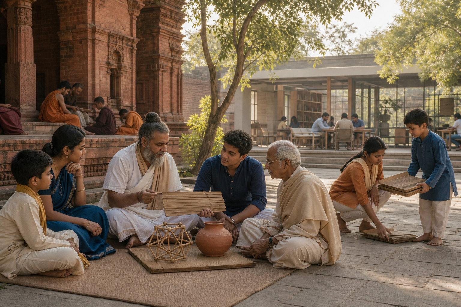 A teacher and students study objects together in a courtyard that blends historic red-brick university architecture with a contemporary classroom.