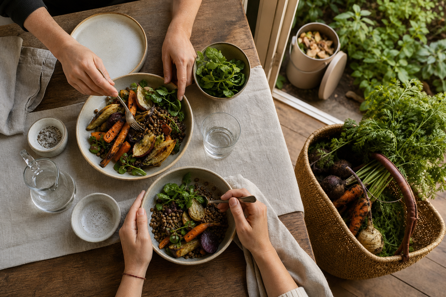 Hands arrange a seasonal vegetable and lentil meal beside a reusable produce basket, with a compost pail and kitchen garden visible nearby.