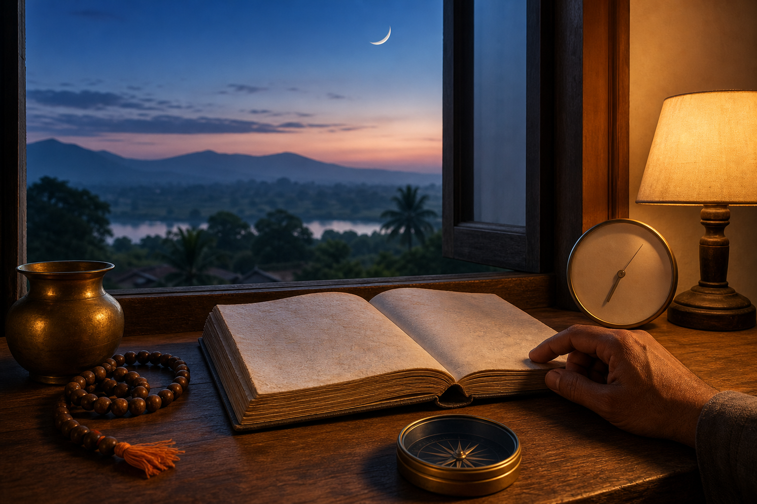 An open almanac, clock, prayer beads, and brass vessel sit beside a window overlooking the moon before sunrise.