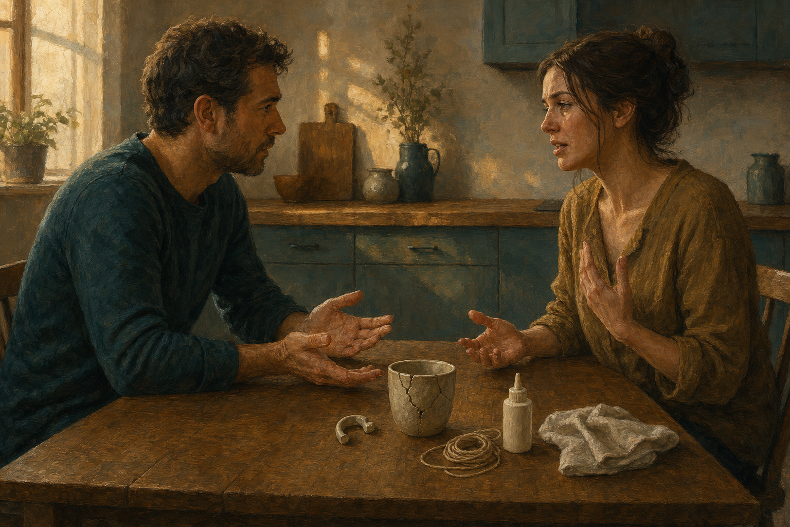 Two adults face each other at a kitchen table with open hands and a cracked cup prepared for repair between them.