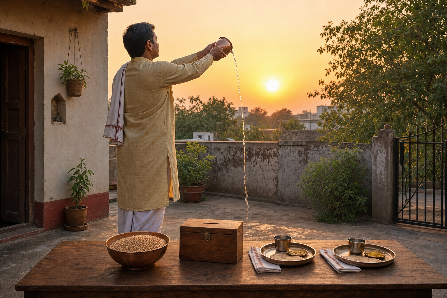A person offers water from a copper vessel to the rising sun in a home courtyard beside wheat, a savings box, and family place settings.