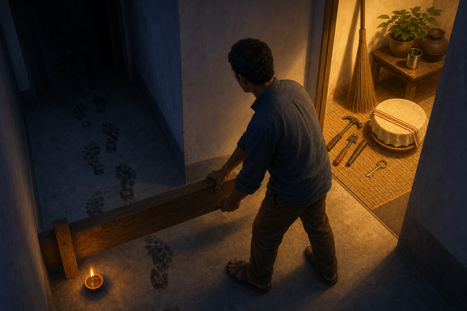 An adult blocks a worn path toward a dark doorway and turns toward a lit area with household and repair tools.