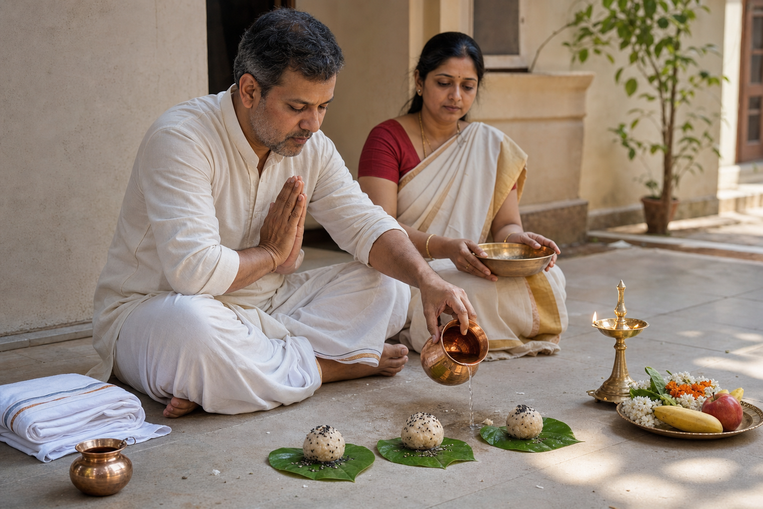 A household ritual space shows clean clothing, prayer, sesame-water offering, rice pindas, flowers, fruit, and a lit brass lamp arranged in sequence.