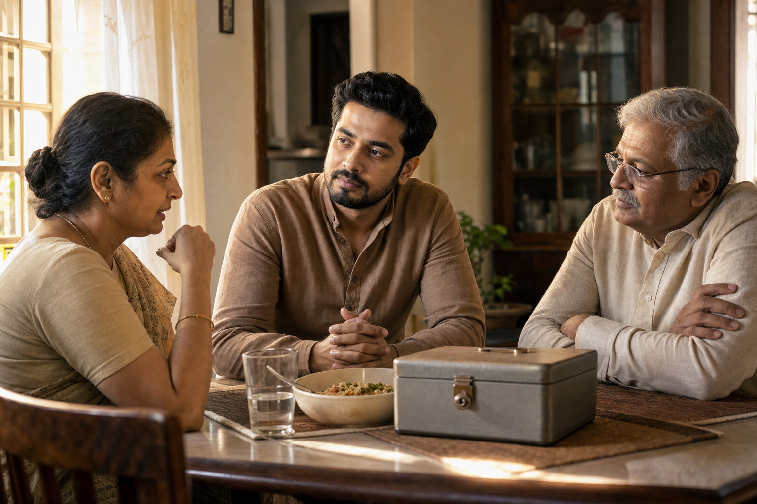 Three family members sit around a dining table while one person listens thoughtfully beside a cash box and a bowl of food.
