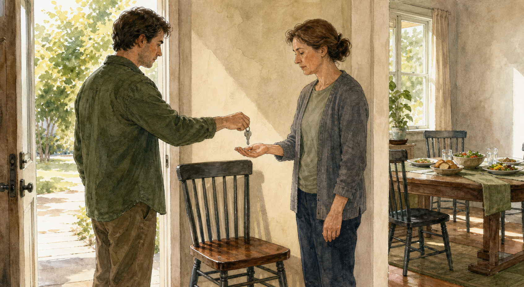 An adult returns a key to another person in a home where a repaired chair and a prepared meal are also visible.