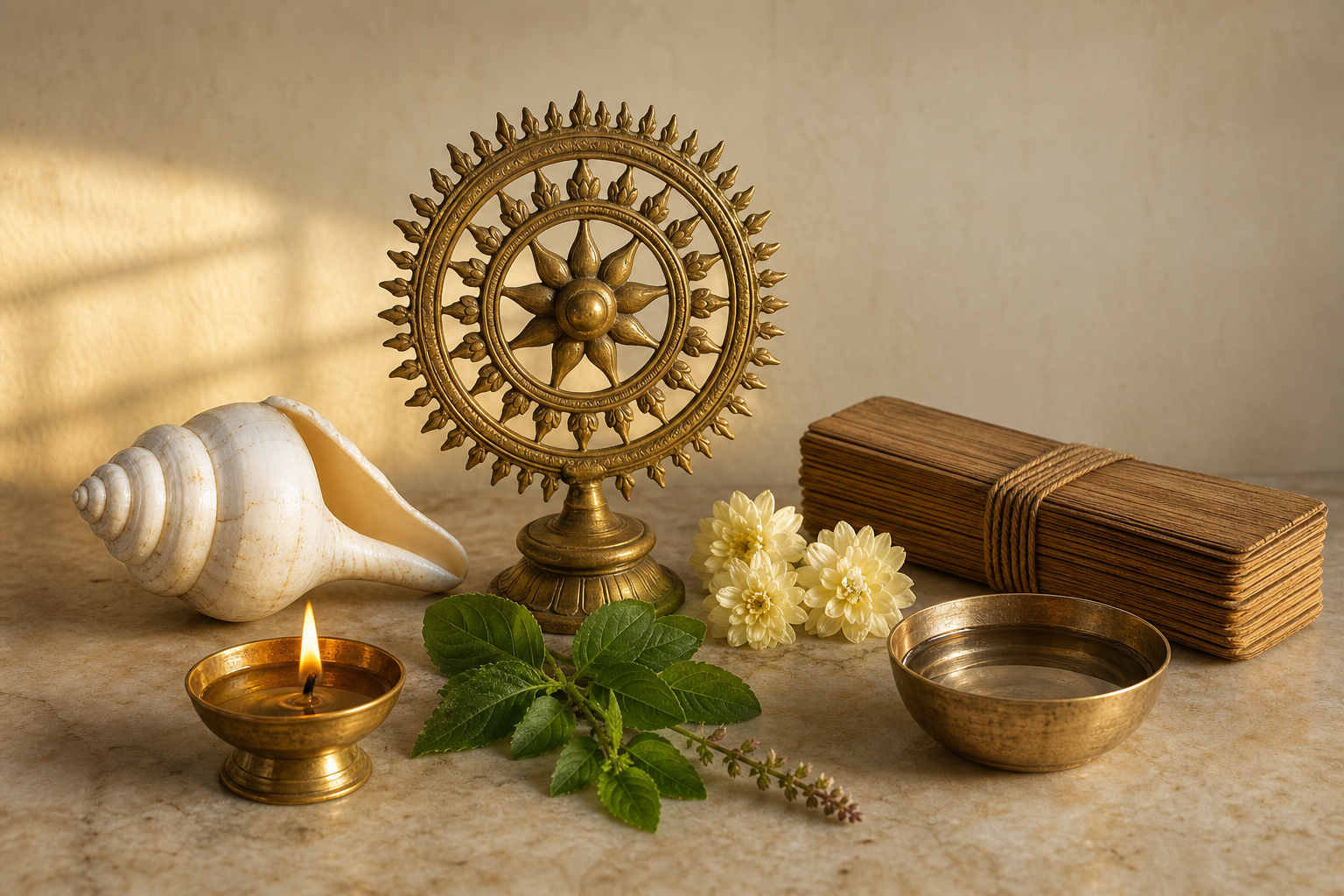 A brass chakra emblem on a simple home shrine with an oil lamp, conch shell, tulsi leaves, flowers, water bowl, and a closed palm-leaf manuscript bundle.
