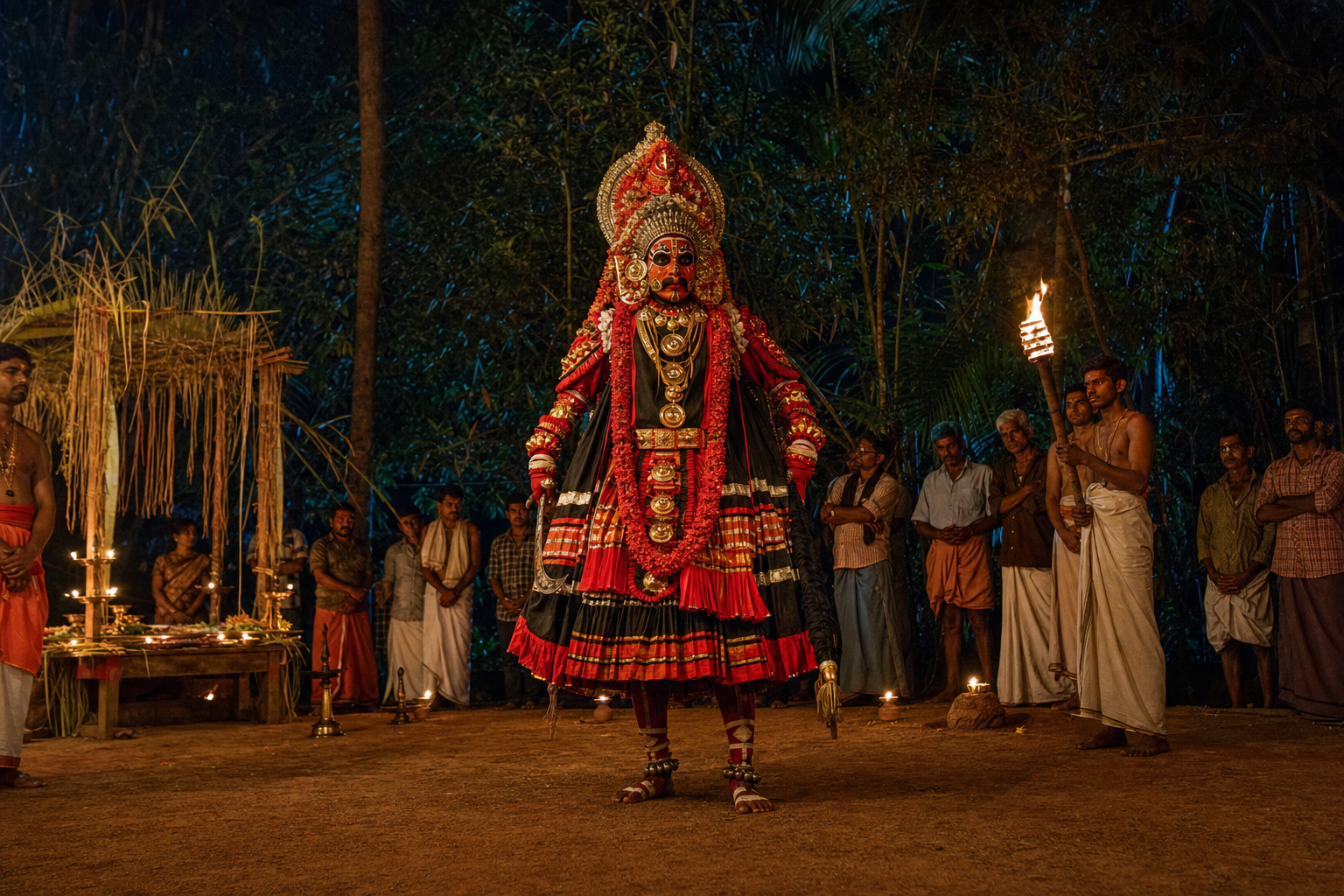 A Guliga Daiva ritual performer in ornate ceremonial attire stands before a gathering in a lamp-lit courtyard beside a sacred grove at night.