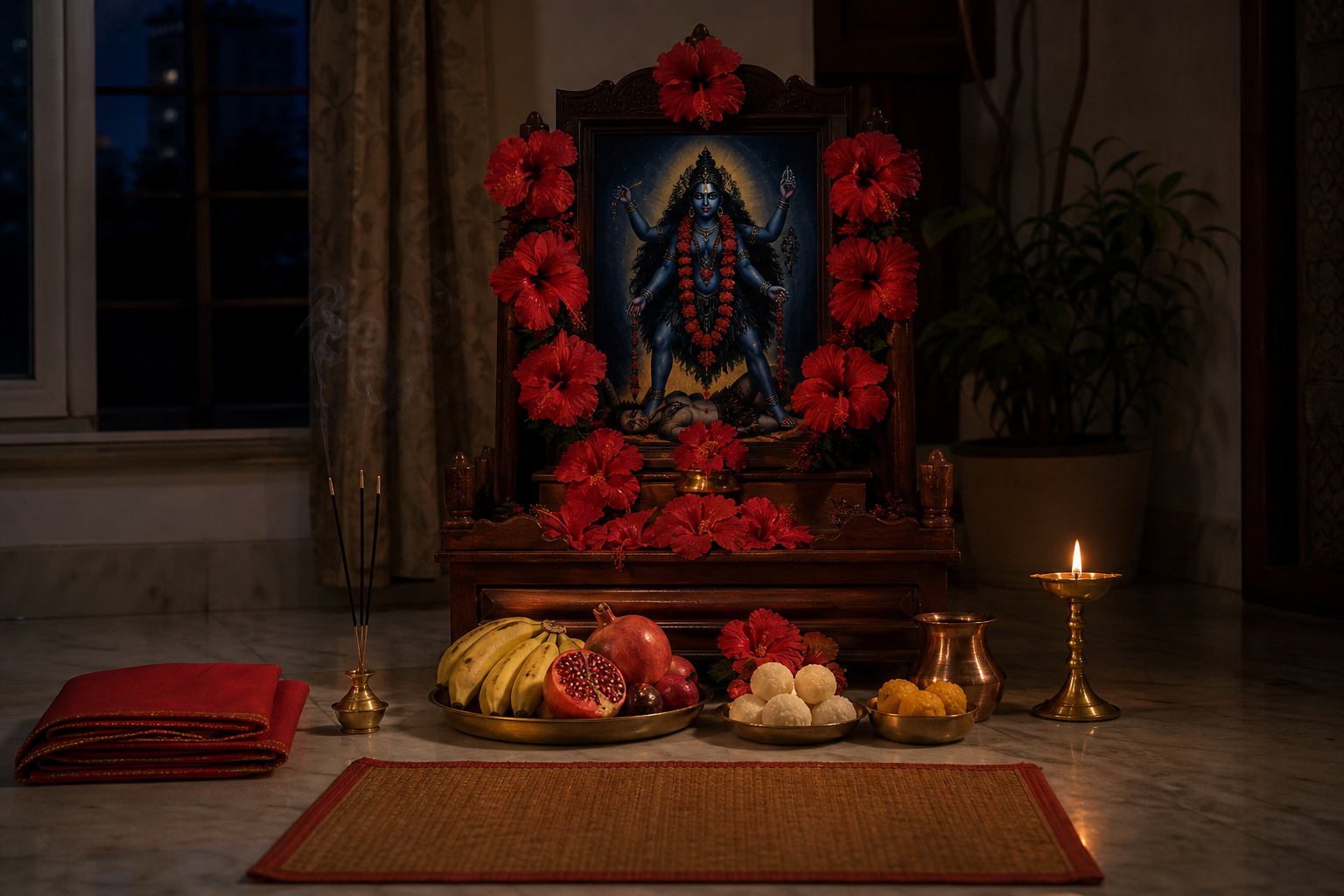 A modest home altar for Kali Puja with a devotional image of Ma Kali, red hibiscus flowers, fruit, sweets, incense, water, and a brass oil lamp.
