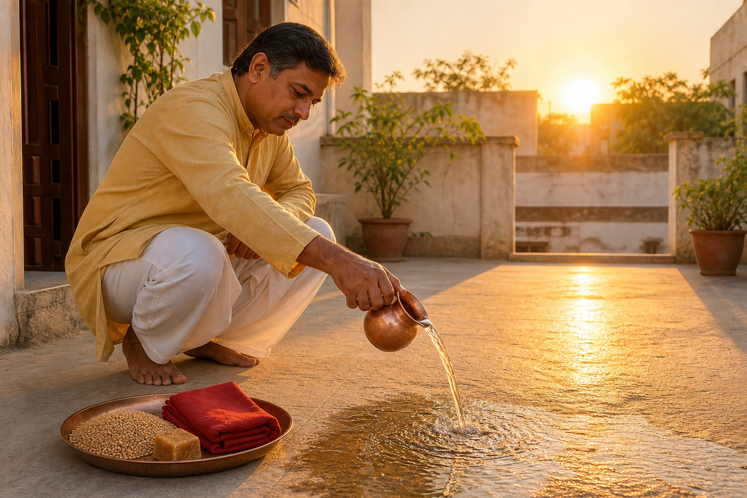 A person makes a sunrise water offering in a courtyard beside a tray of wheat, jaggery, and folded red cloth.