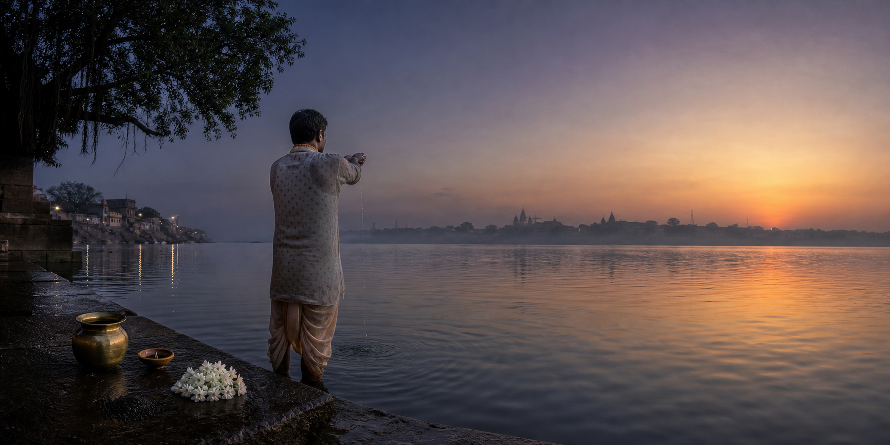 A devotee offers water at a quiet river ghat before sunrise, with ritual vessels and flowers on the steps as golden morning light appears on the horizon.