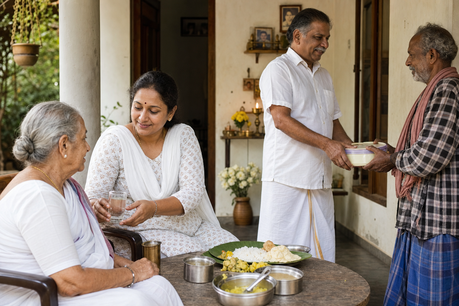 A family member serves food and water to an elder while another offers a covered meal to a visitor beside a clean ritual space.