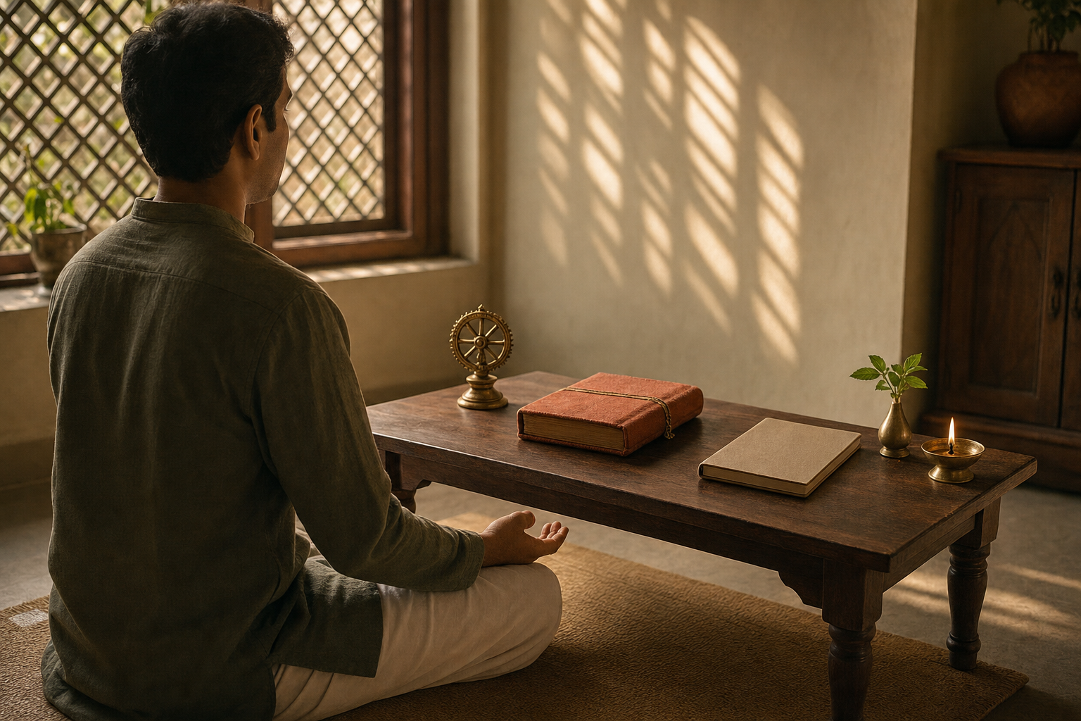A seated adult reflects beside a small brass chakra, a closed cloth-wrapped book, a journal, an oil lamp, and tulsi in a sunlit room.