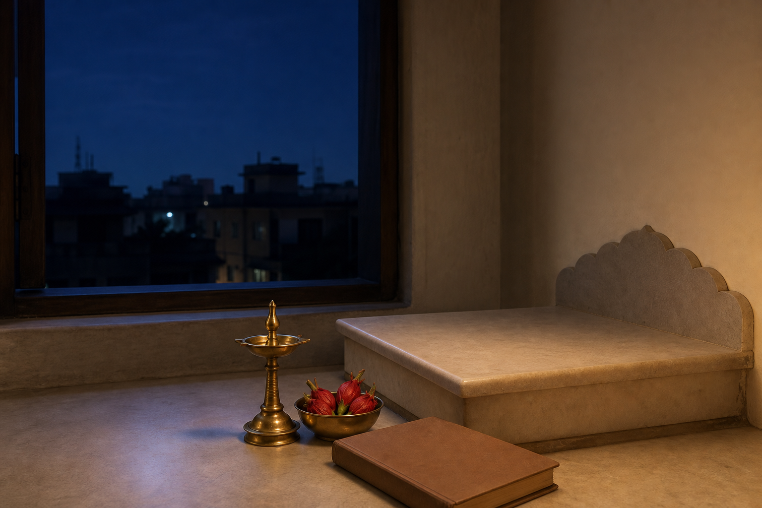 An unlit household altar being prepared beside a window on a moonless night, with hibiscus buds, a brass lamp, and a closed unmarked almanac.