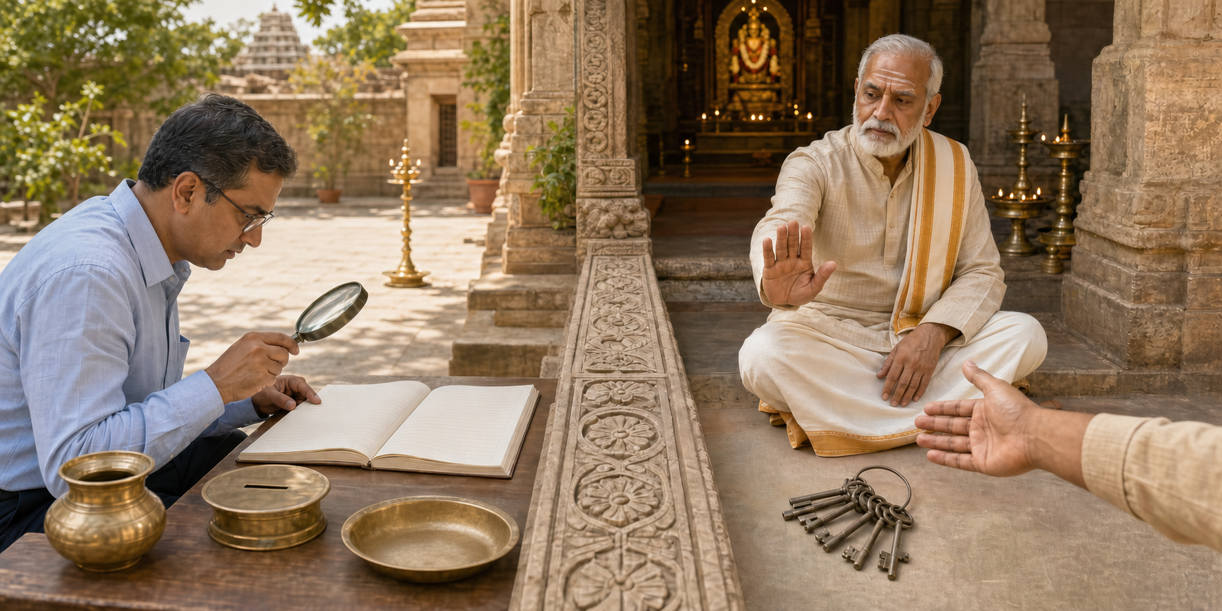 A reviewer examines temple accounts outside a stone threshold while a custodian keeps the temple keys within the administrative courtyard.