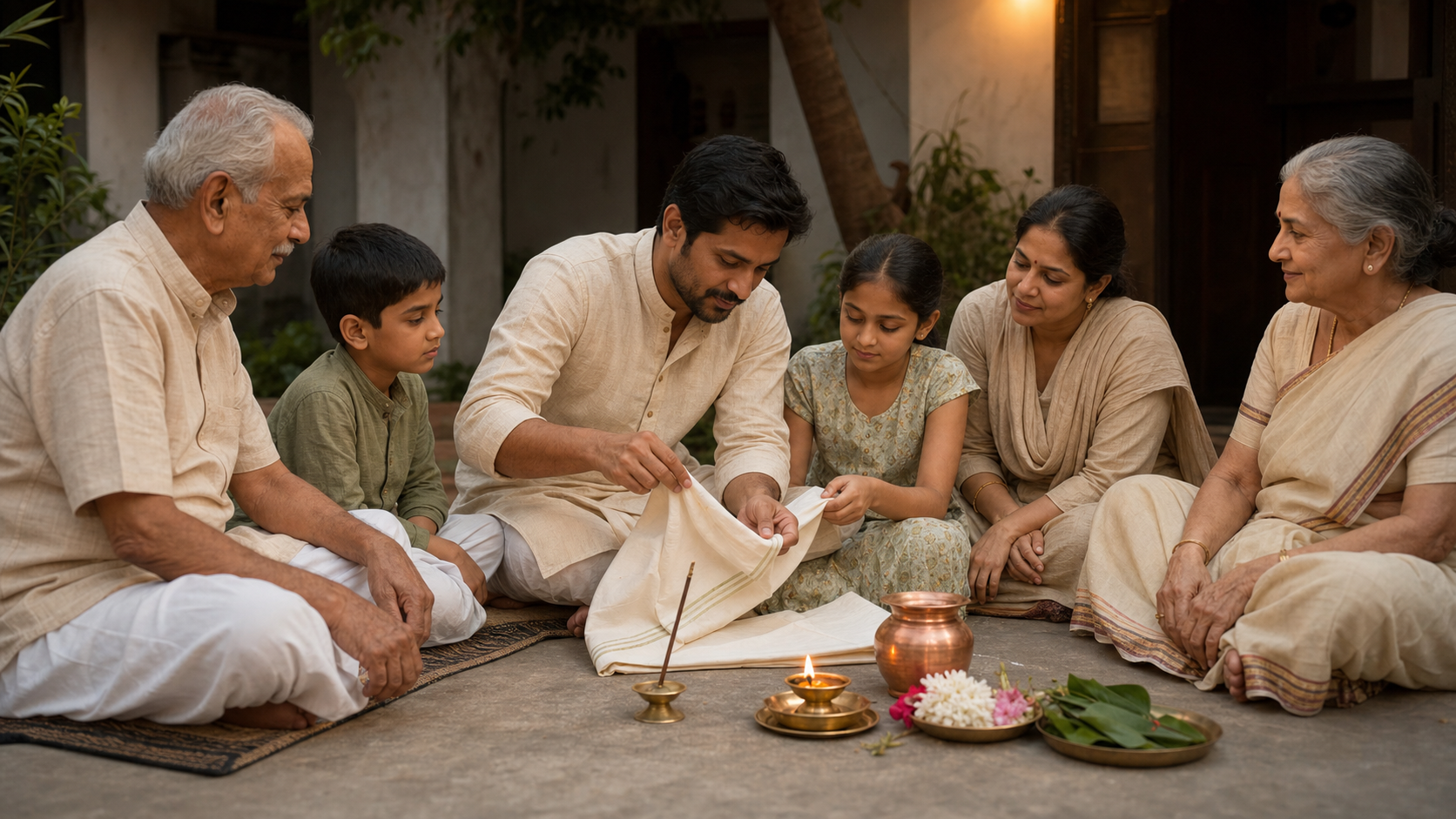 Three generations sit together after an ancestral observance as a younger family member helps fold the ritual cloth beside a glowing oil lamp.